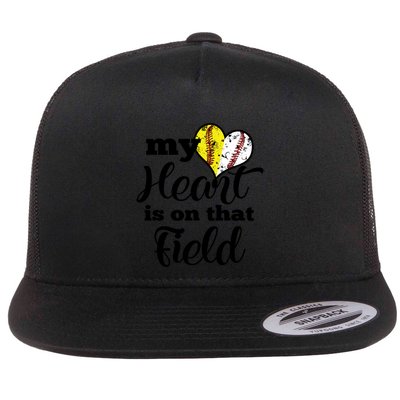 My Heart Is On That Field Baseball Softball Parent Gift Flat Bill Trucker Hat