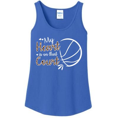 My Heart Is On That Court Basketball Dad Basketball Mom Gift Ladies Essential Tank