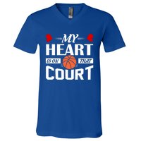 My Heart Is On That Court Basketball Mom Dad Gift Gift V-Neck T-Shirt