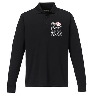 My Heart Is On That Field Baseball Softball Mom Gifts Performance Long Sleeve Polo