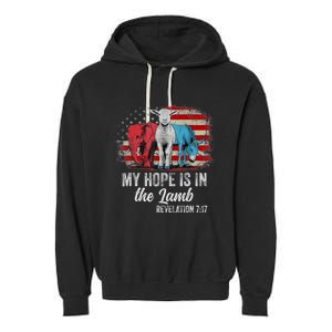 My Hope Is In The Lamb Scripture Elephant Donkey Us Flag Garment-Dyed Fleece Hoodie