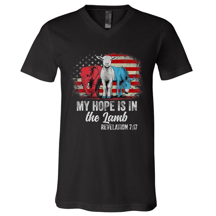 My Hope Is In The Lamb Scripture Elephant Donkey Us Flag V-Neck T-Shirt