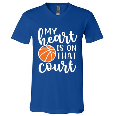 My Heart Is On That Court Mom Basketball Cute Funny Meaningful Gift V-Neck T-Shirt