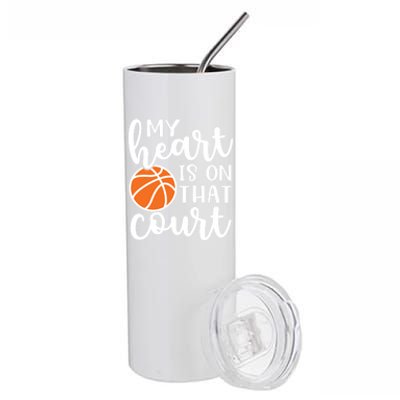 My Heart Is On That Court Mom Basketball Cute Funny Meaningful Gift Stainless Steel Tumbler