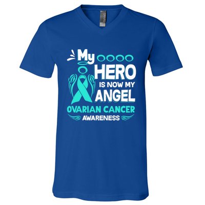 My Hero Is Now My Angel Ovarian Cancer Awareness Gift Funny Gift V-Neck T-Shirt