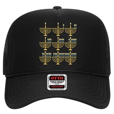 Menorah Hanukkah Jewish Christmas Holiday Season High Crown Mesh Back Trucker Hat