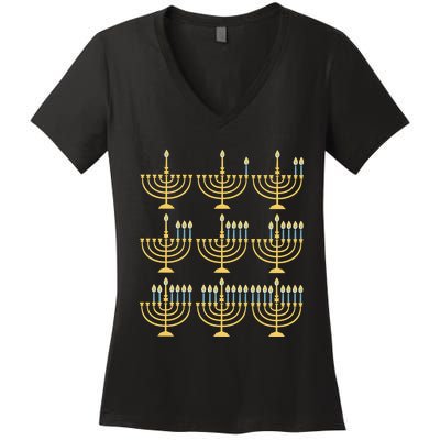 Menorah Hanukkah Jewish Christmas Holiday Season Women's V-Neck T-Shirt