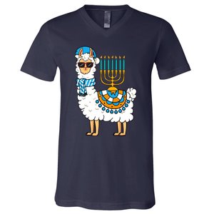 Menorah Hanukkah Llama Cute Alpaca Chanukah V-Neck T-Shirt