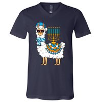 Menorah Hanukkah Llama Cute Alpaca Chanukah V-Neck T-Shirt