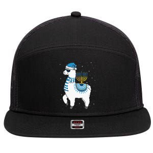 Menorah Hanukkah Llama Cute Alpaca Chanukah Christmas Pajama 7 Panel Mesh Trucker Snapback Hat