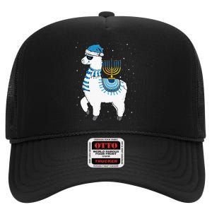 Menorah Hanukkah Llama Cute Alpaca Chanukah Christmas Pajama High Crown Mesh Back Trucker Hat