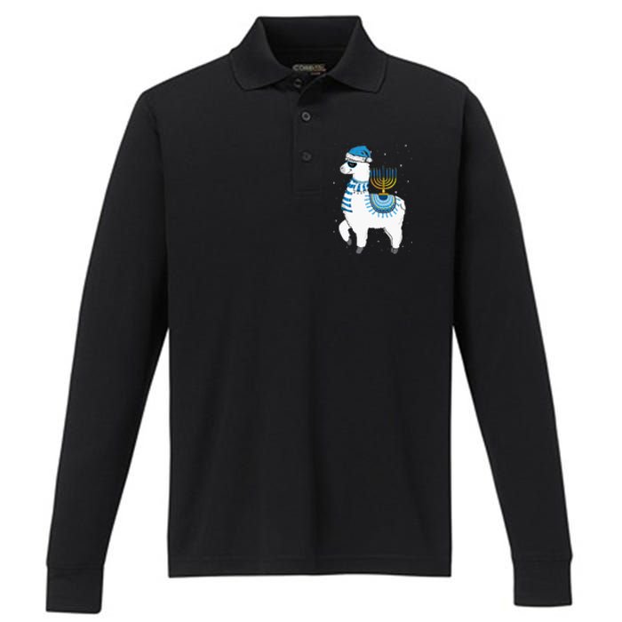 Menorah Hanukkah Llama Cute Alpaca Chanukah Christmas Pajama Performance Long Sleeve Polo