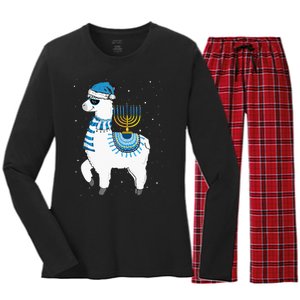 Menorah Hanukkah Llama Cute Alpaca Chanukah Christmas Pajama Women's Long Sleeve Flannel Pajama Set 