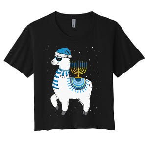 Menorah Hanukkah Llama Cute Alpaca Chanukah Christmas Pajama Women's Crop Top Tee