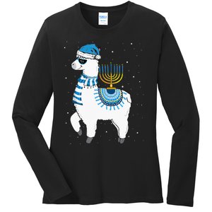 Menorah Hanukkah Llama Cute Alpaca Chanukah Christmas Pajama Ladies Long Sleeve Shirt