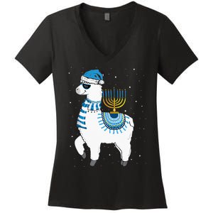 Menorah Hanukkah Llama Cute Alpaca Chanukah Christmas Pajama Women's V-Neck T-Shirt