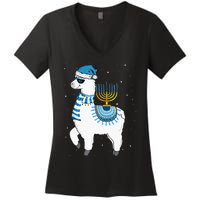 Menorah Hanukkah Llama Cute Alpaca Chanukah Christmas Pajama Women's V-Neck T-Shirt