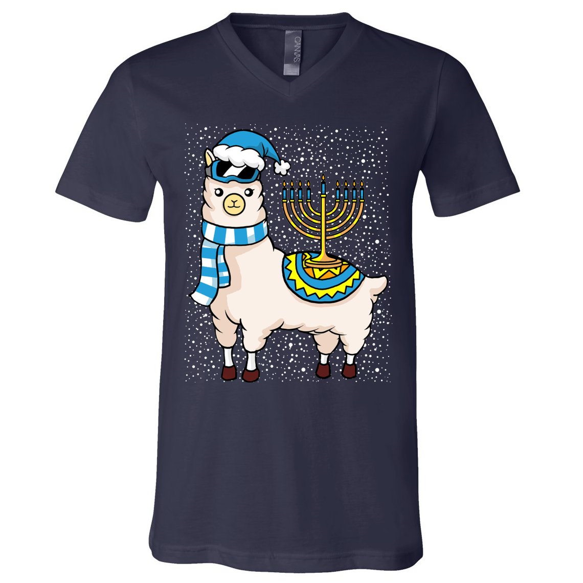 Menorah Hanukkah Llama Cute Alpaca Chanukah V-Neck T-Shirt