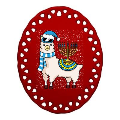 Menorah Hanukkah Llama Cute Alpaca Chanukah Ceramic Oval Ornament