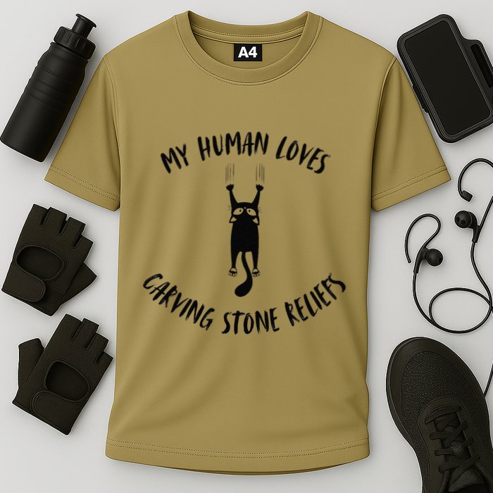 My Human Loves Carving Stone Reliefs Cat Parent Hobby Cooling Performance Crew T-Shirt