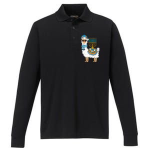 Menorah Hanukkah Llama Cute Alpaca Chanukah Performance Long Sleeve Polo