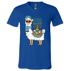 Menorah Hanukkah Llama Cute Alpaca Chanukah V-Neck T-Shirt