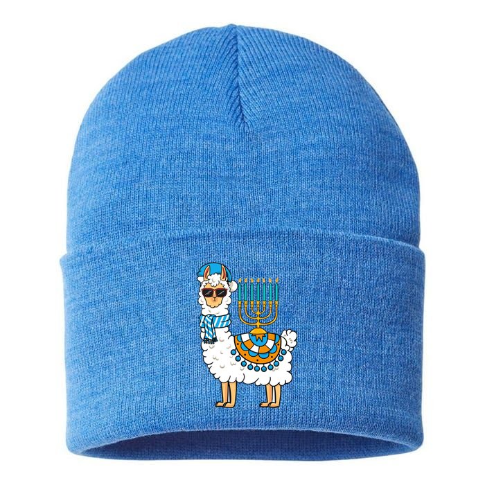 Menorah Hanukkah Llama Cute Alpaca Chanukah Sustainable Knit Beanie