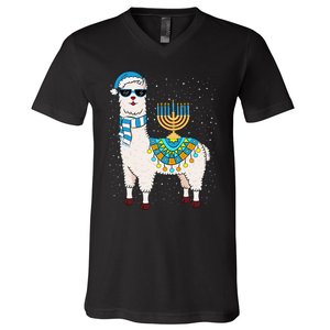 Menorah Hanukkah Llama Cute Alpaca Chanukah Gift V-Neck T-Shirt