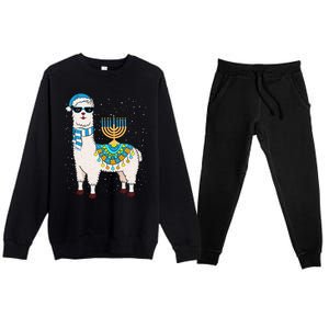 Menorah Hanukkah Llama Cute Alpaca Chanukah Gift Premium Crewneck Sweatsuit Set