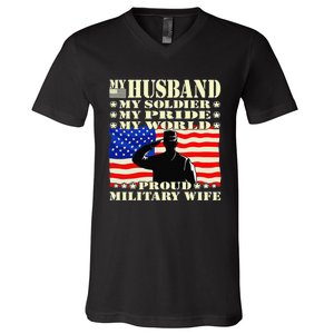 My Husband My Soldier Hero Proud Military Wife Army Spouse V-Neck T-Shirt