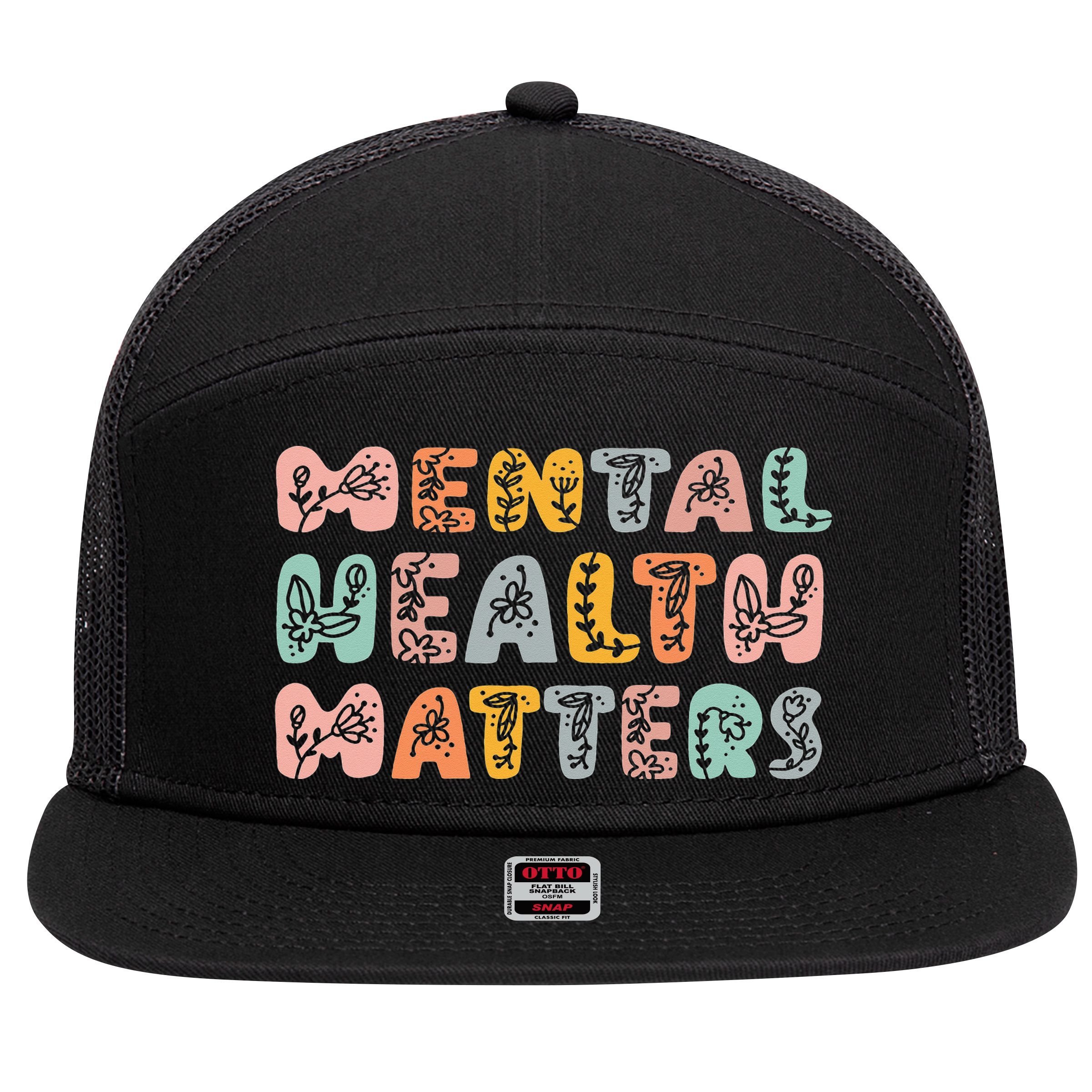 Mental Health Matters Groovy Psychologist Squad Therapy 7 Panel Mesh Trucker Snapback Hat