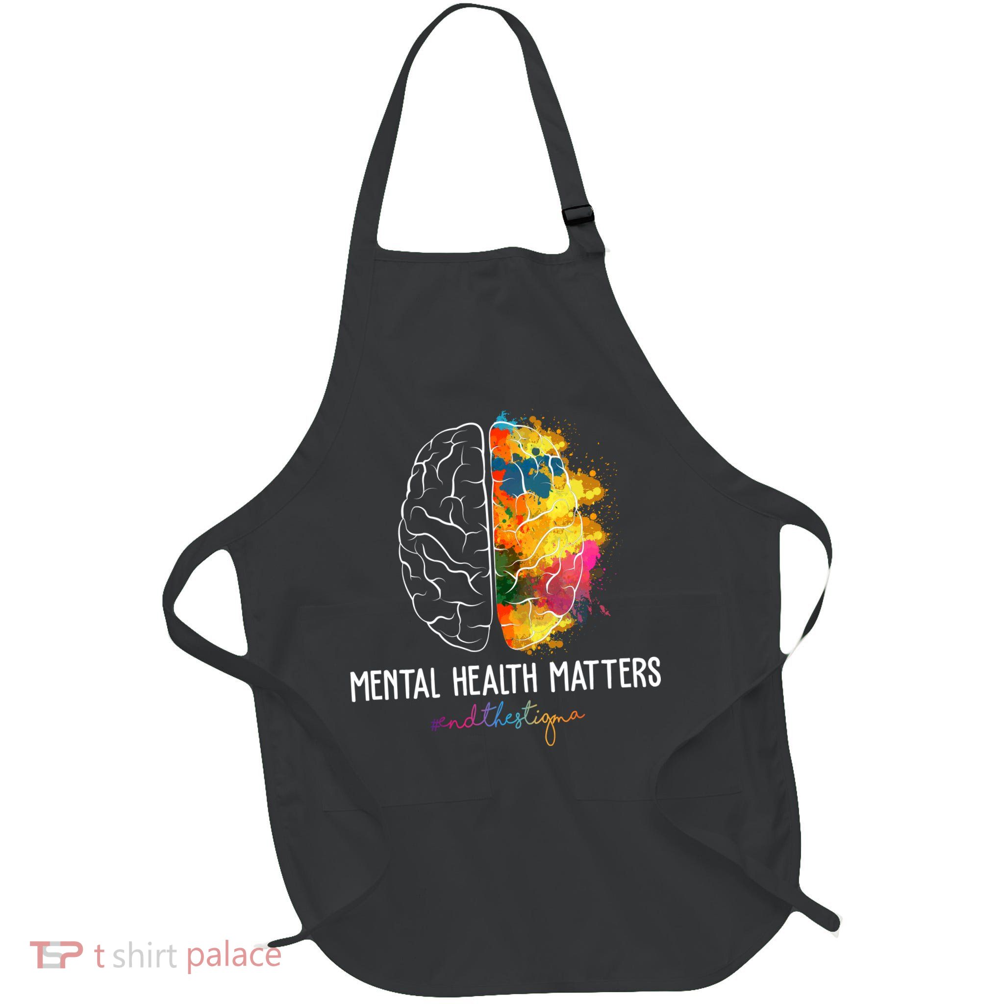 Mental Health Matters End The Stigma Colorful Brain Full-Length Apron With Pockets