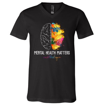 Mental Health Matters End The Stigma Colorful Brain V-Neck T-Shirt