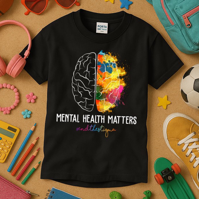 Mental Health Matters End The Stigma Colorful Brain Kids T-Shirt