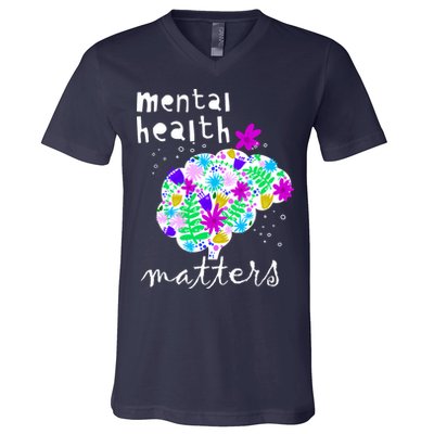 Mental Health Matters Flowers Brain Awareness Month V-Neck T-Shirt