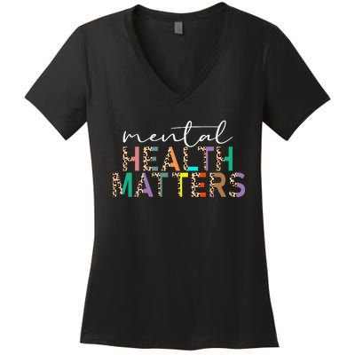 Mental Health Matters Human Brain Illness Awareness Leopard Women's V-Neck T-Shirt