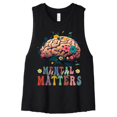 Mental Health Matters Brain Illness Awareness Vintage Groovy Women's Racerback Cropped Tank