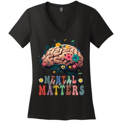 Mental Health Matters Brain Illness Awareness Vintage Groovy Women's V-Neck T-Shirt