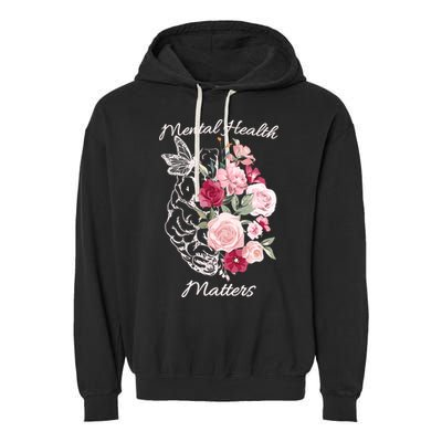 Mental Health Matters Hand Drawn Flowers Brain Awareness Month Garment-Dyed Fleece Hoodie