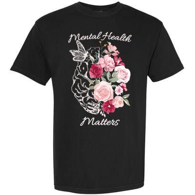 Mental Health Matters Hand Drawn Flowers Brain Awareness Month Garment-Dyed Heavyweight T-Shirt
