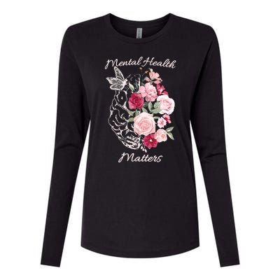 Mental Health Matters Hand Drawn Flowers Brain Awareness Month Womens Cotton Relaxed Long Sleeve T-Shirt