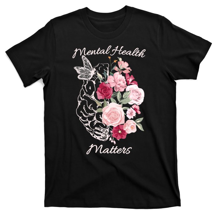 Mental Health Matters Hand Drawn Flowers Brain Awareness Month T-Shirt