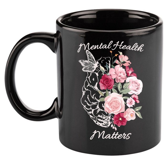 Mental Health Matters Hand Drawn Flowers Brain Awareness Month 11oz C Handle Ceramic Mug