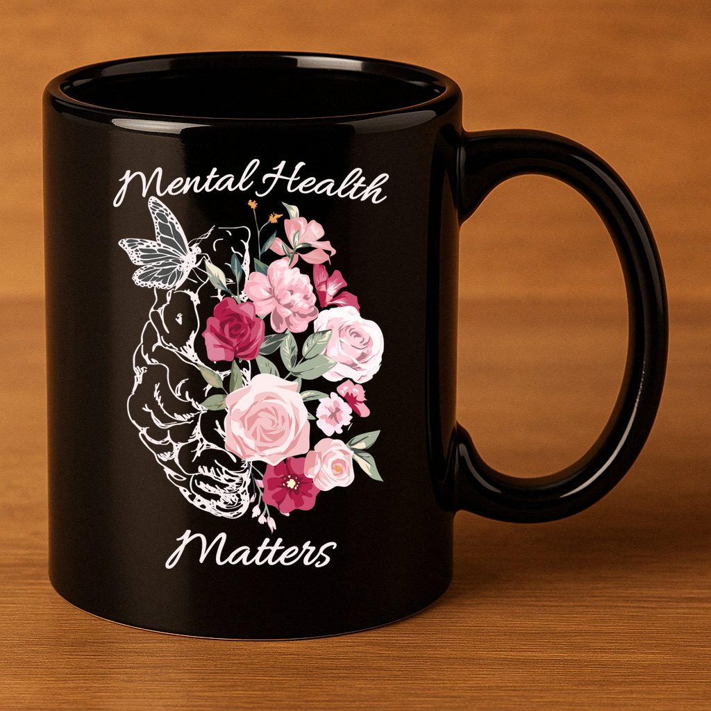Mental Health Matters Hand Drawn Flowers Brain Awareness Month 11oz C Handle Ceramic Mug
