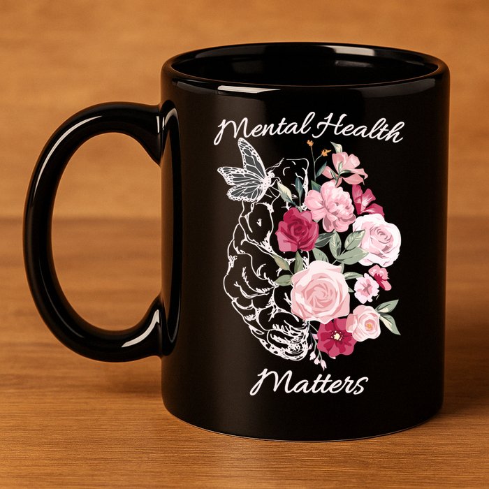 Mental Health Matters Hand Drawn Flowers Brain Awareness Month 11oz C Handle Ceramic Mug