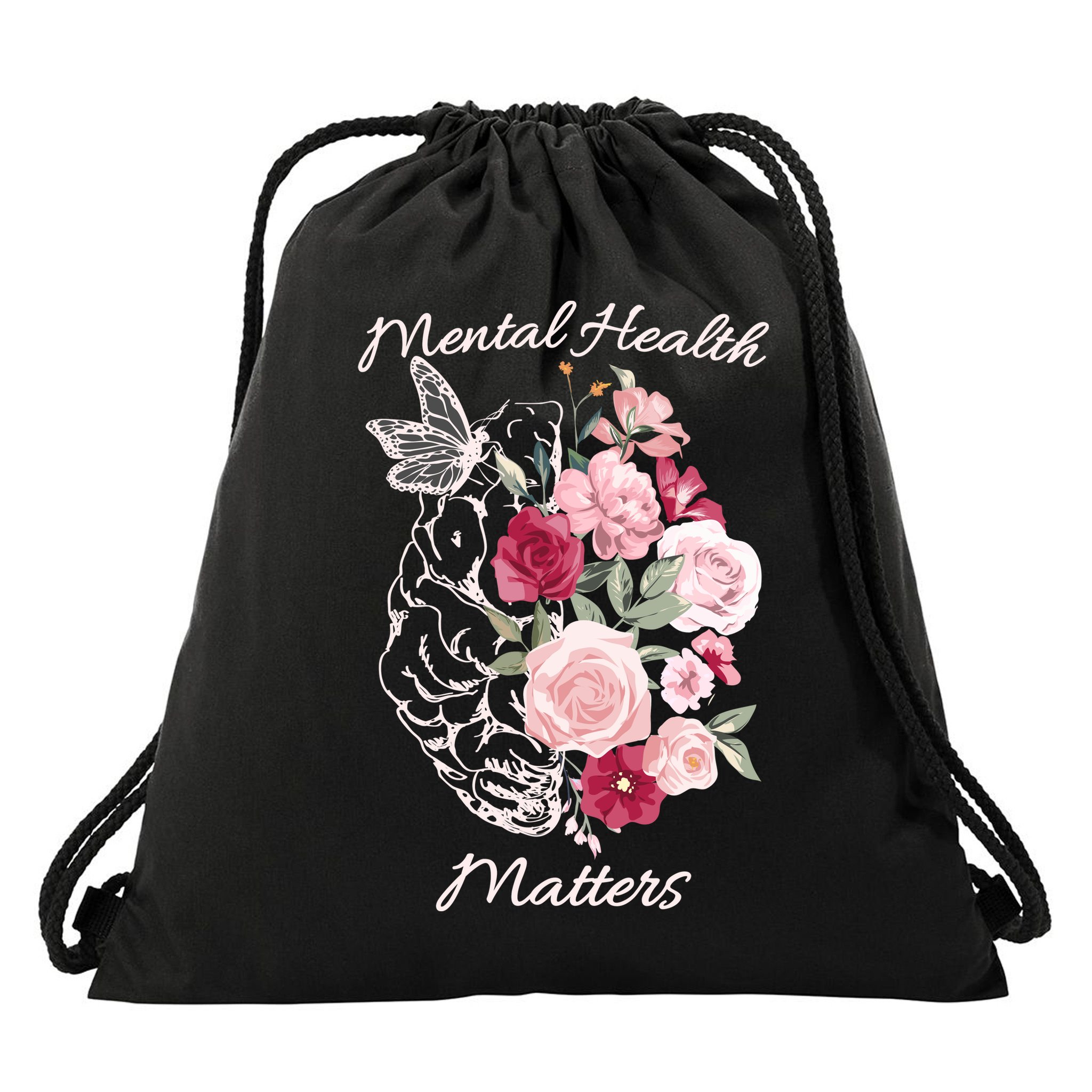 Mental Health Matters Hand Drawn Flowers Brain Awareness Month Drawstring Bag