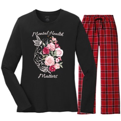 Mental Health Matters Hand Drawn Flowers Brain Awareness Month Women's Long Sleeve Flannel Pajama Set 