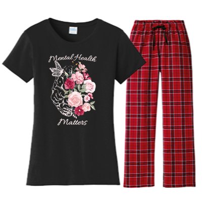 Mental Health Matters Hand Drawn Flowers Brain Awareness Month Women's Flannel Pajama Set