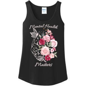 Mental Health Matters Hand Drawn Flowers Brain Awareness Month Ladies Essential Tank