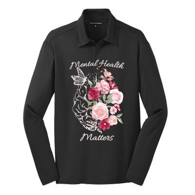 Mental Health Matters Hand Drawn Flowers Brain Awareness Month Silk Touch Performance Long Sleeve Polo